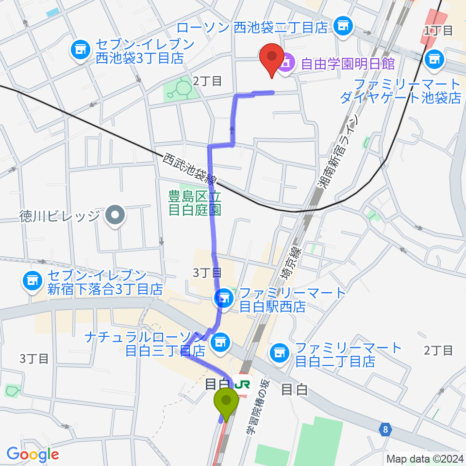 目白駅から自由学園明日館へのルートマップ地図