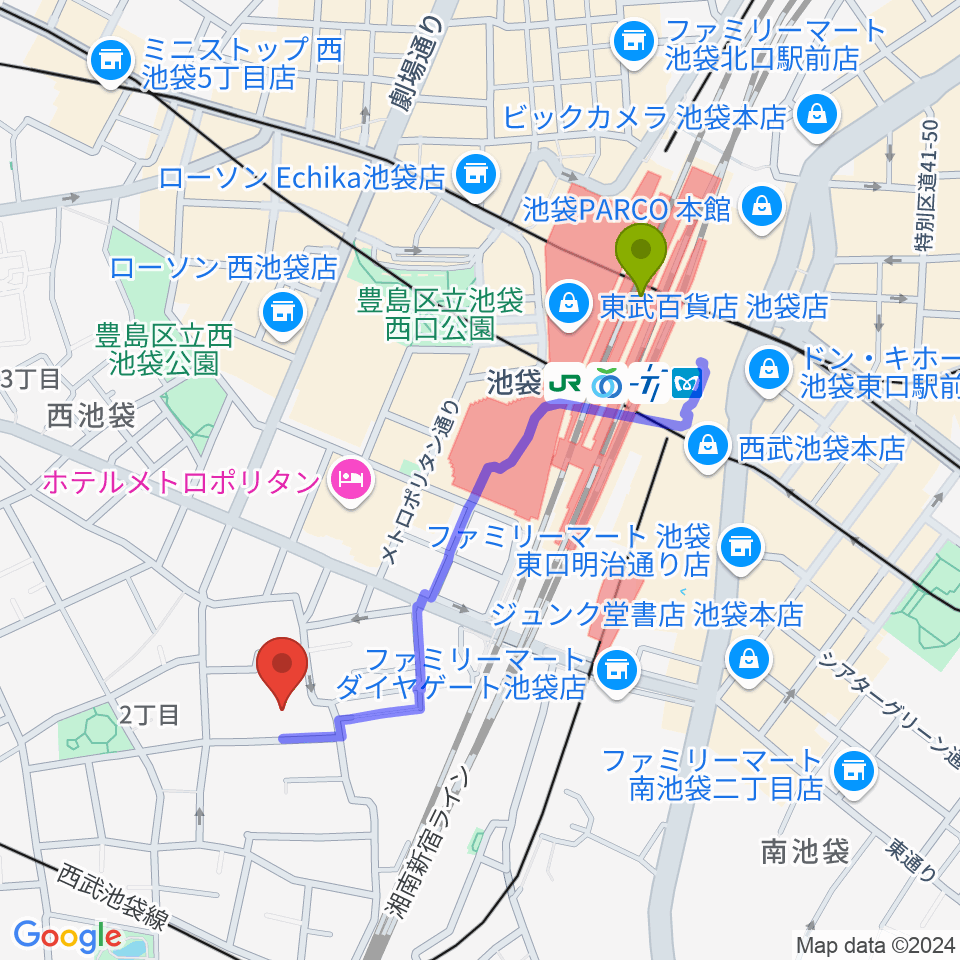 自由学園明日館の最寄駅池袋駅からの徒歩ルート（約9分）地図