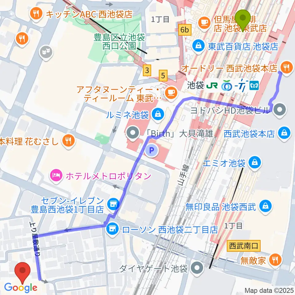 自由学園明日館の最寄駅池袋駅からの徒歩ルート（約9分）地図