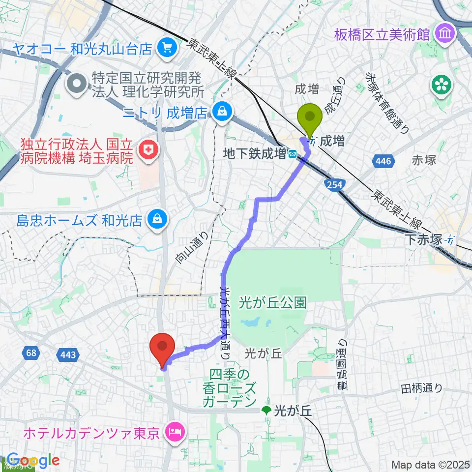 成増駅から日本ピアノギャラリー ドルチェホールへのルートマップ地図