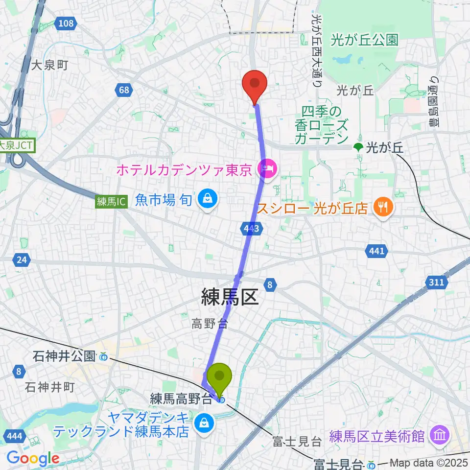 練馬高野台駅から日本ピアノギャラリー ドルチェホールへのルートマップ地図