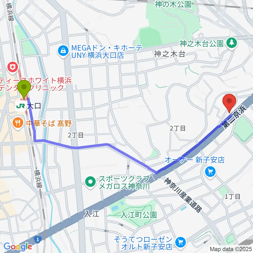 大口駅から日本ピアノギャラリー横浜店へのルートマップ地図