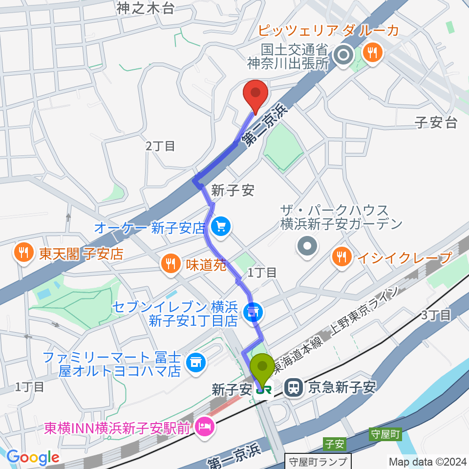 日本ピアノギャラリー横浜店の最寄駅新子安駅からの徒歩ルート（約9分）地図