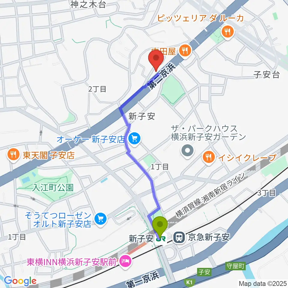日本ピアノギャラリー横浜店の最寄駅新子安駅からの徒歩ルート（約9分）地図