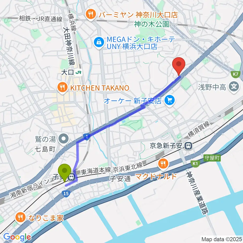 子安駅から日本ピアノギャラリー横浜店へのルートマップ地図