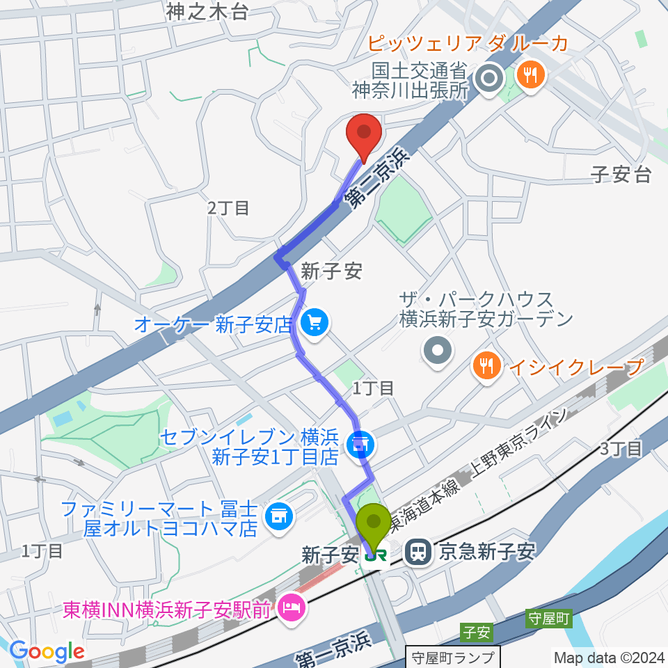 日本ピアノギャラリー横浜店 D-Studioの最寄駅新子安駅からの徒歩ルート（約9分）地図