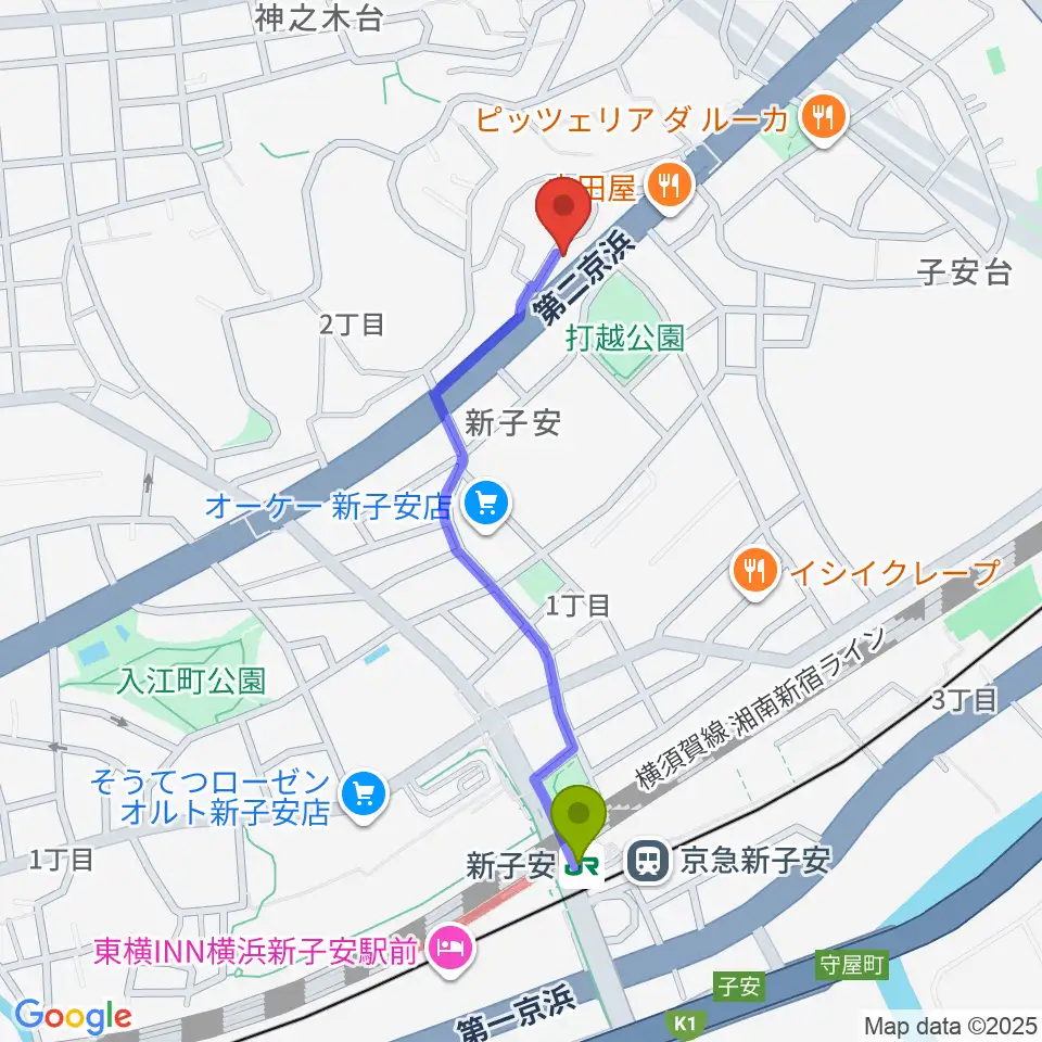 日本ピアノギャラリー横浜店 D-Studioの最寄駅新子安駅からの徒歩ルート（約9分）地図