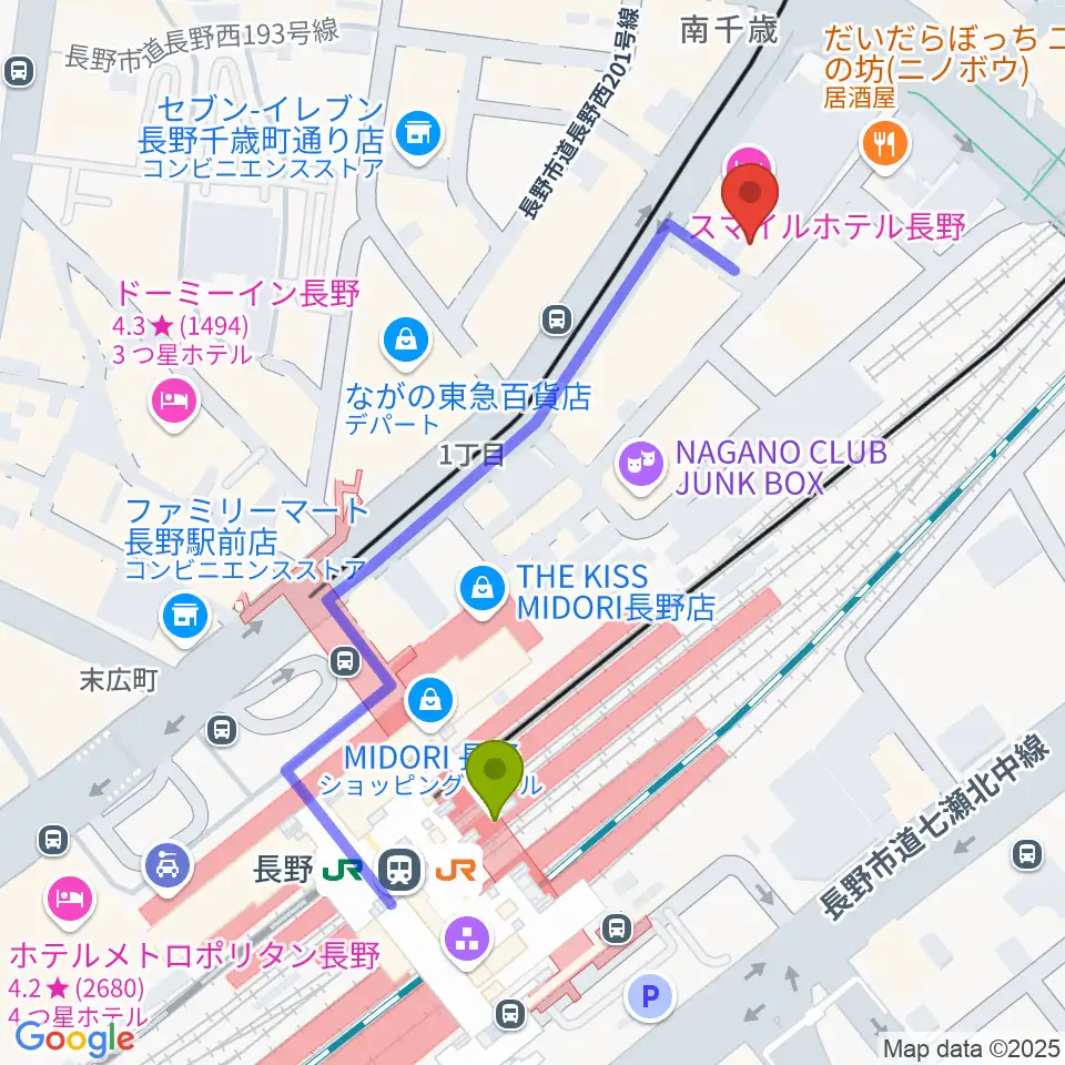 拓郎ageの最寄駅長野駅からの徒歩ルート（約5分）地図