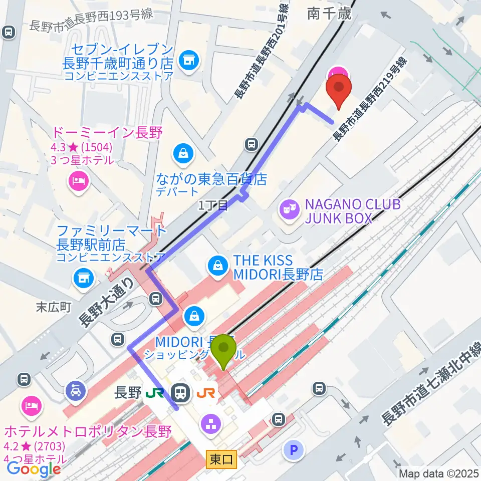 拓郎ageの最寄駅長野駅からの徒歩ルート（約5分）地図