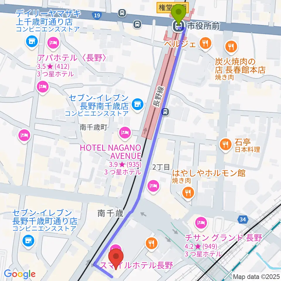 市役所前駅から拓郎ageへのルートマップ地図