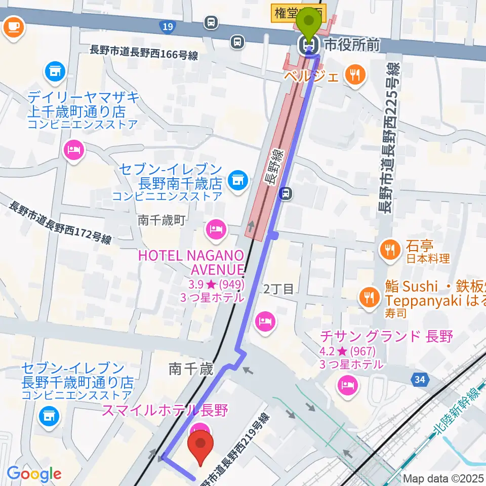 市役所前駅から拓郎ageへのルートマップ地図
