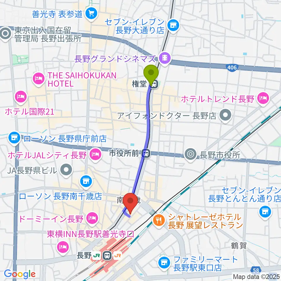 権堂駅から拓郎ageへのルートマップ地図