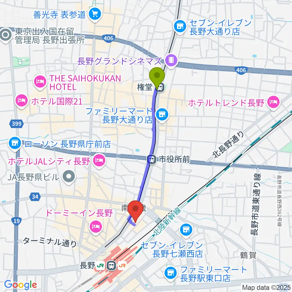 権堂駅から拓郎ageへのルートマップ地図