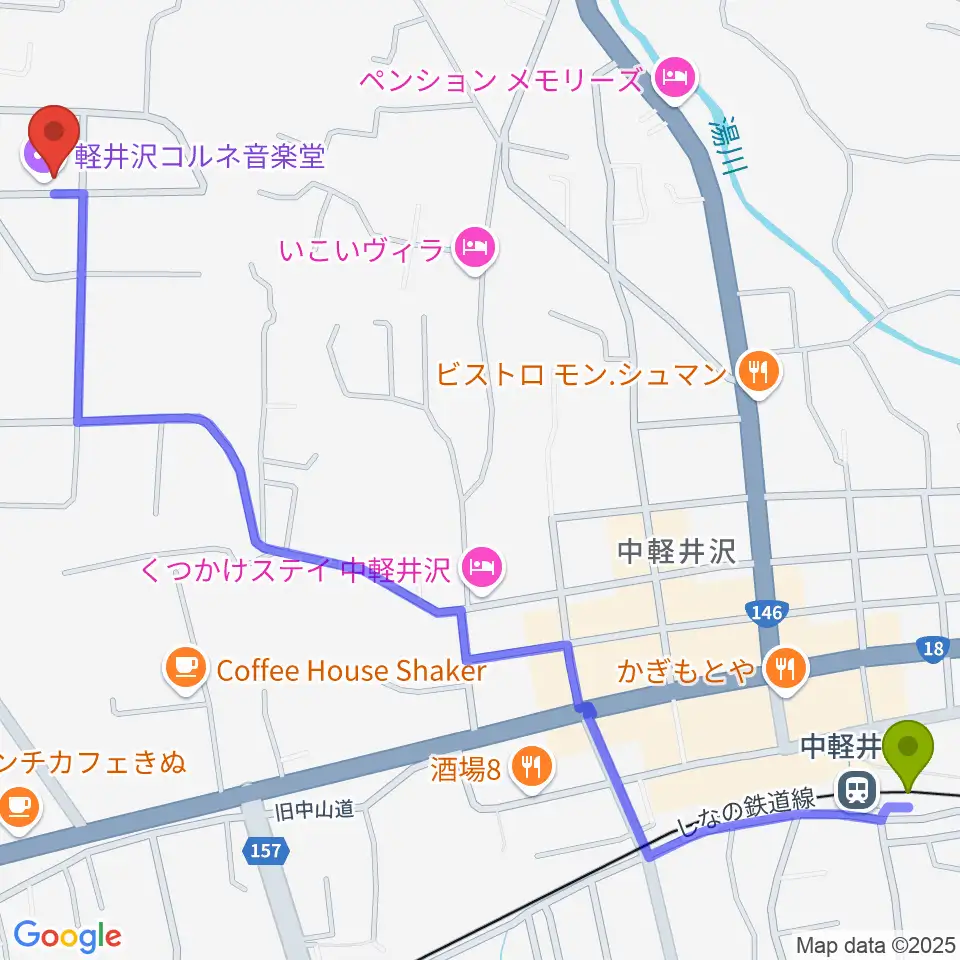 軽井沢コルネ音楽堂の最寄駅中軽井沢駅からの徒歩ルート（約17分）地図