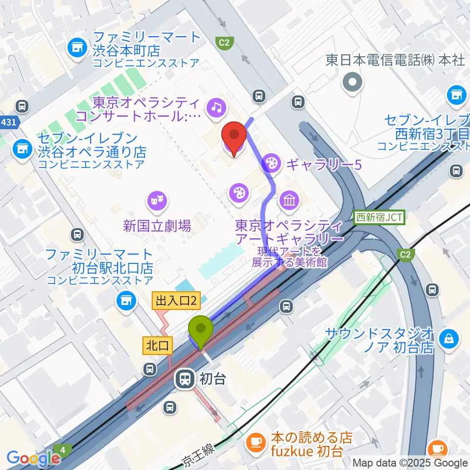 NTT ICCの最寄駅初台駅からの徒歩ルート（約3分）地図