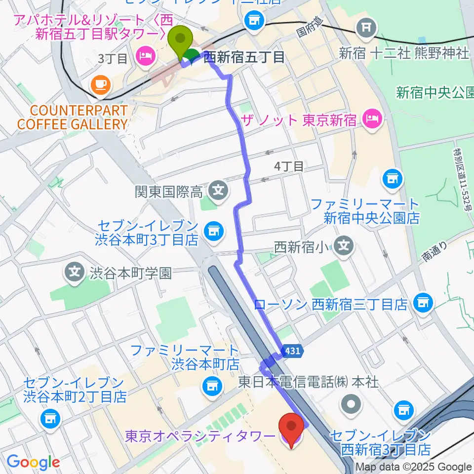 西新宿五丁目駅からNTT ICCへのルートマップ地図