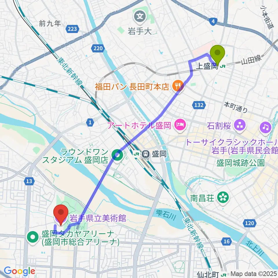 上盛岡駅から岩手県立美術館へのルートマップ地図