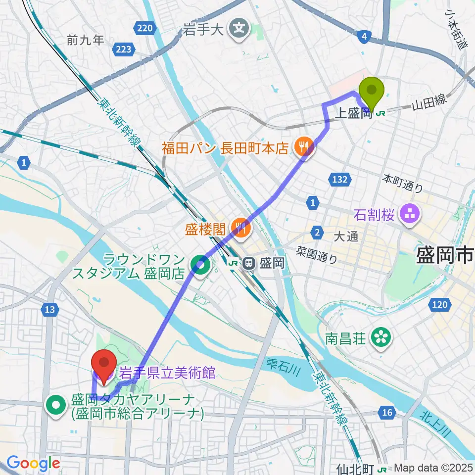 上盛岡駅から岩手県立美術館へのルートマップ地図