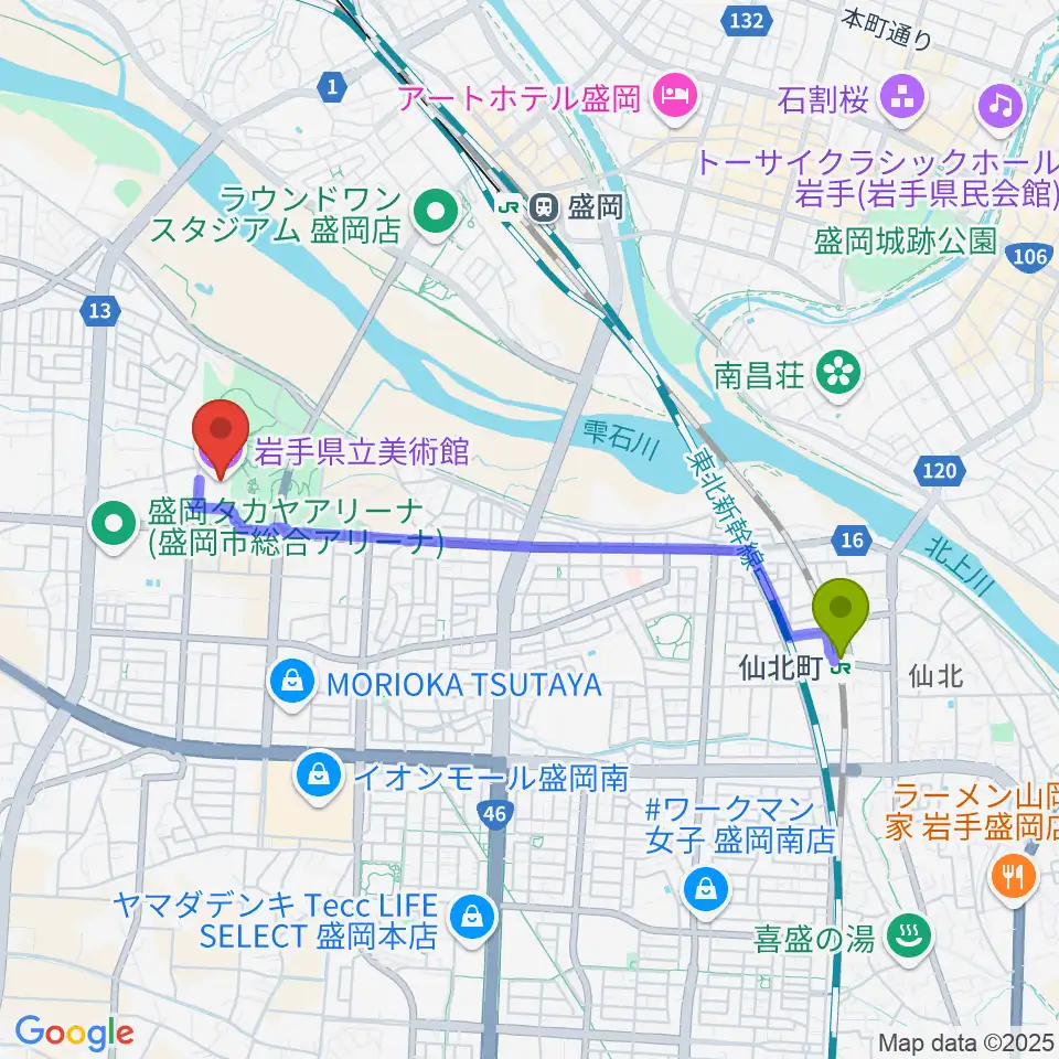 仙北町駅から岩手県立美術館へのルートマップ地図