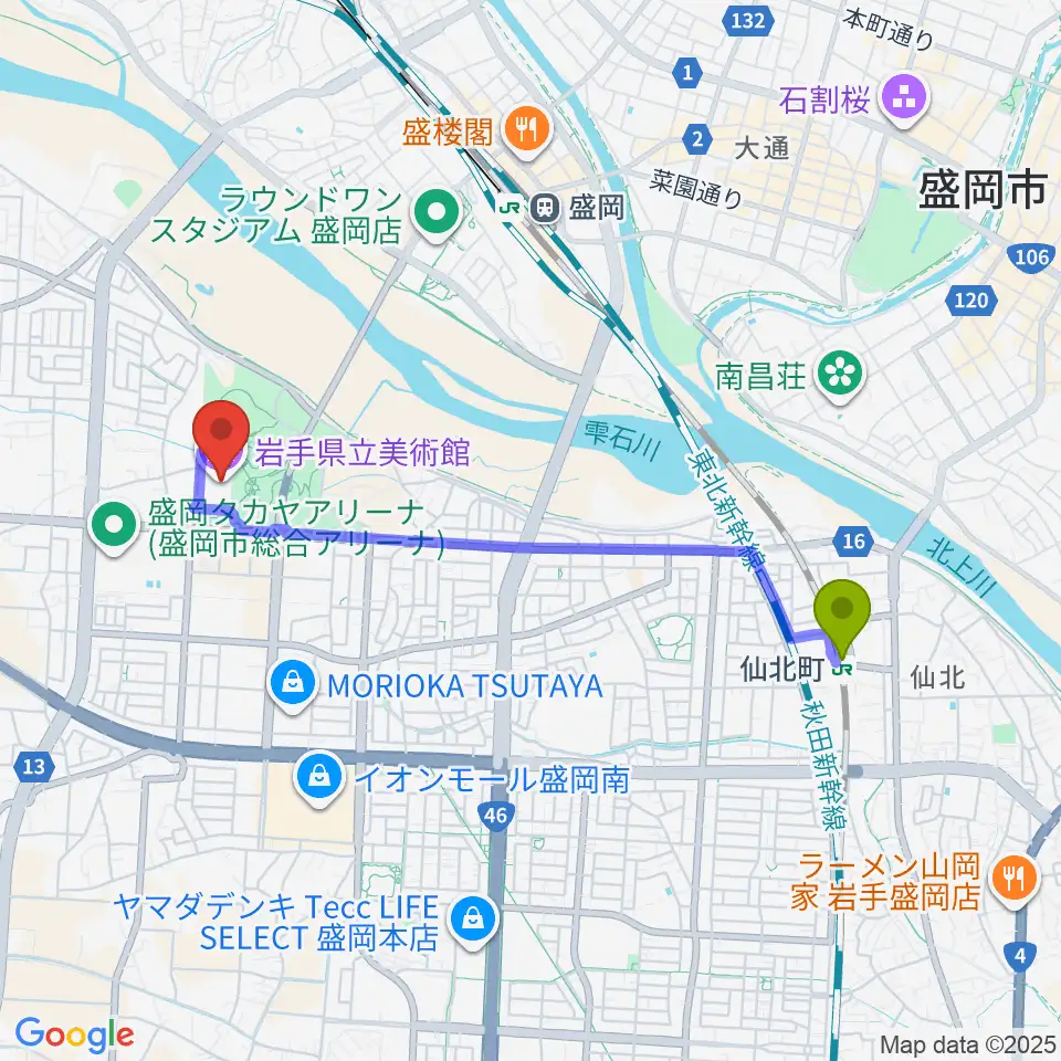 仙北町駅から岩手県立美術館へのルートマップ地図