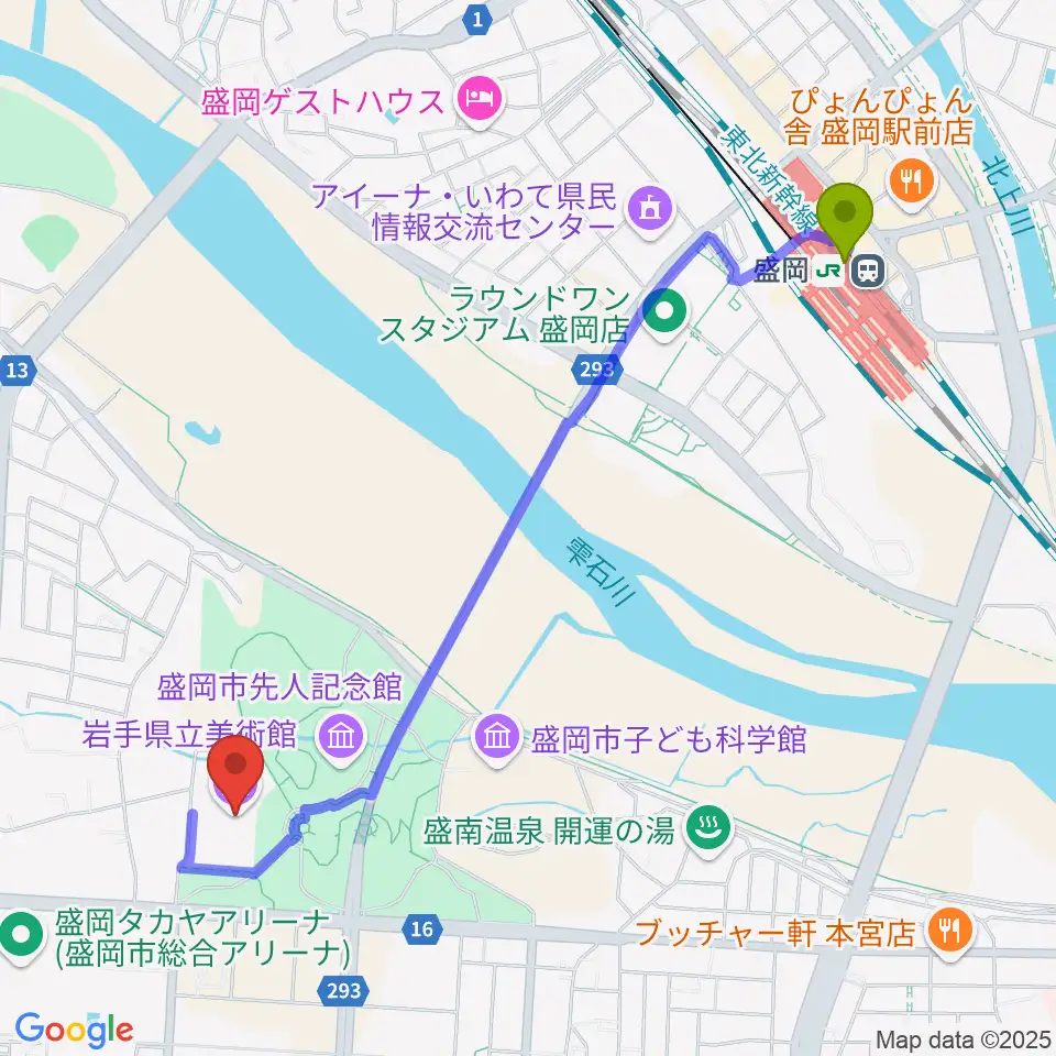 岩手県立美術館の最寄駅盛岡駅からの徒歩ルート（約23分）地図