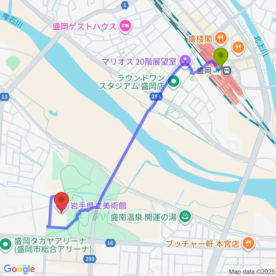 岩手県立美術館の最寄駅盛岡駅からの徒歩ルート（約23分）地図