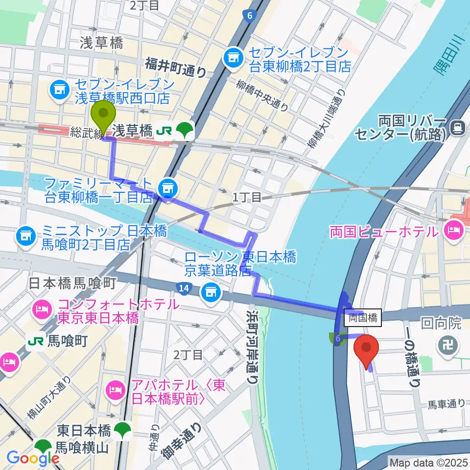 浅草橋駅から両国門天ホールへのルートマップ地図