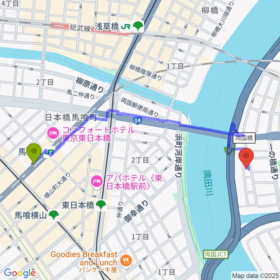 馬喰町駅から両国門天ホールへのルートマップ地図