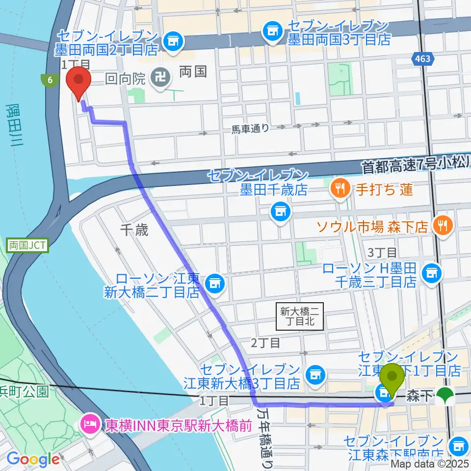 森下駅から両国門天ホールへのルートマップ地図