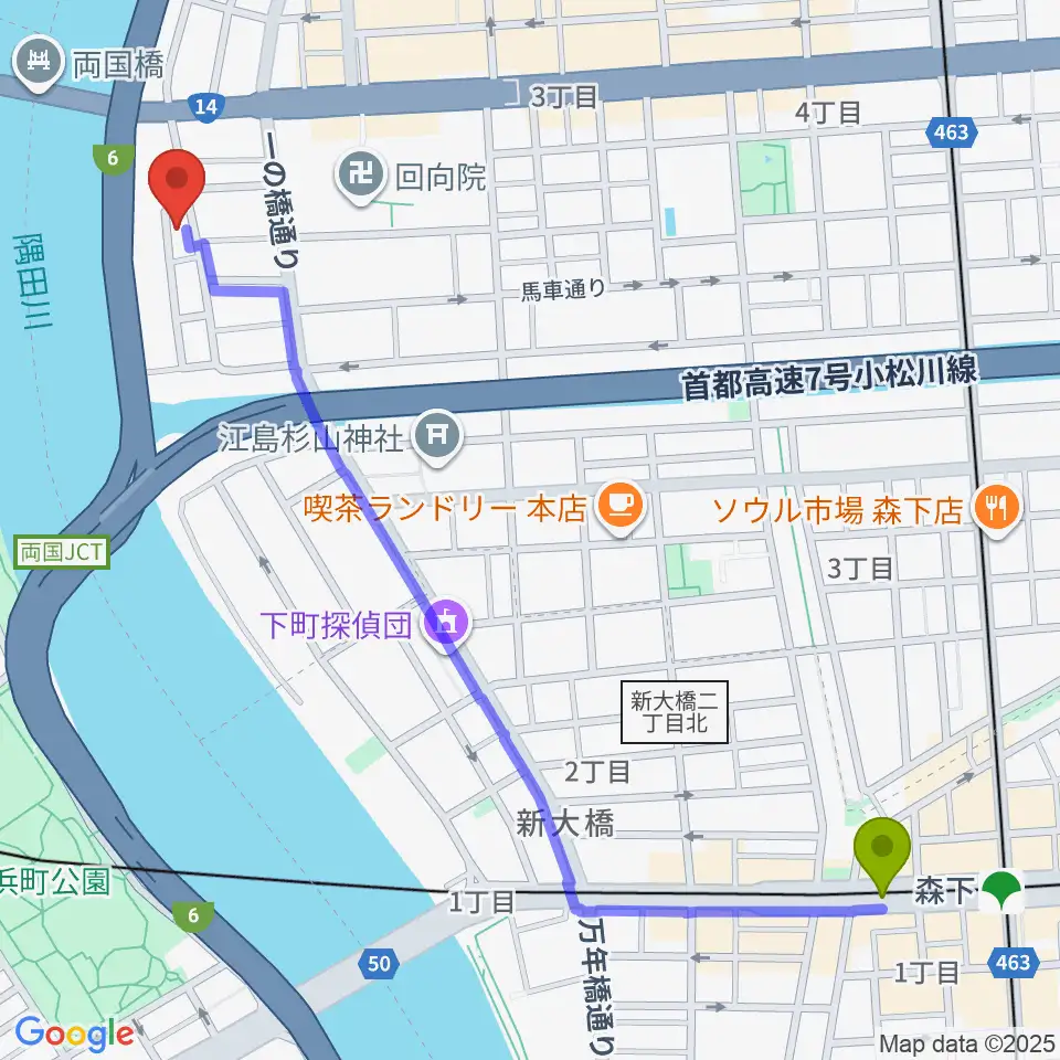 森下駅から両国門天ホールへのルートマップ地図