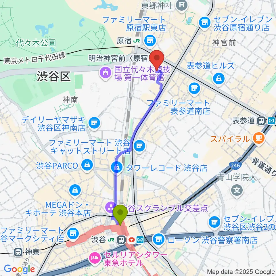 渋谷駅からhall 60（ホールソワサント）へのルートマップ地図