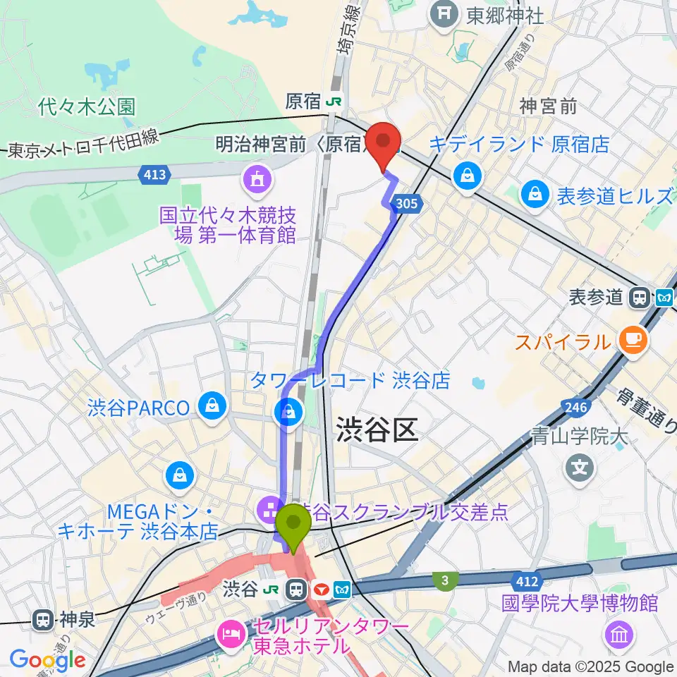 渋谷駅からhall 60 ホールソワサントへのルートマップ地図