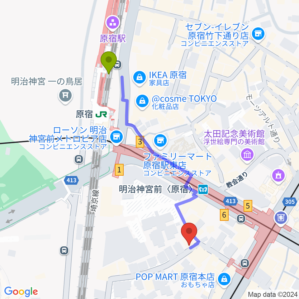 hall 60（ホールソワサント）の最寄駅原宿駅からの徒歩ルート（約5分）地図