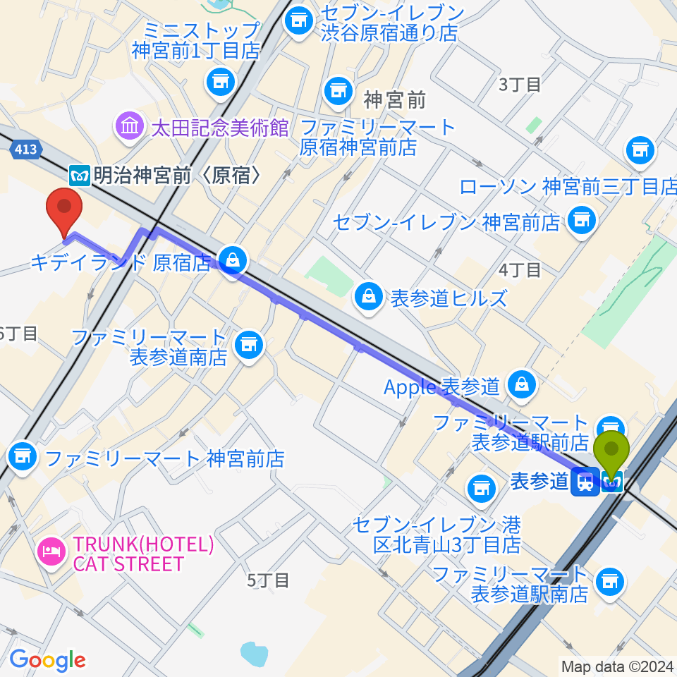 表参道駅からhall 60（ホールソワサント）へのルートマップ地図