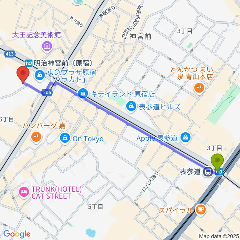 表参道駅からhall 60 ホールソワサントへのルートマップ地図
