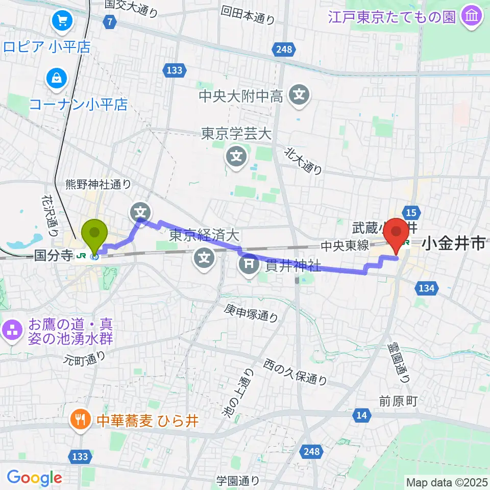 国分寺駅から小金井 宮地楽器ホールへのルートマップ地図