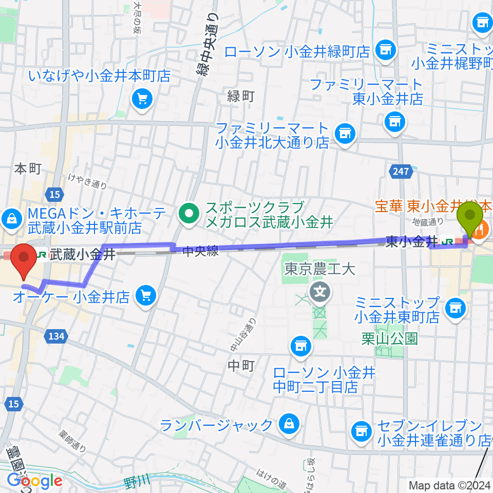 東小金井駅から小金井 宮地楽器ホールへのルートマップ地図