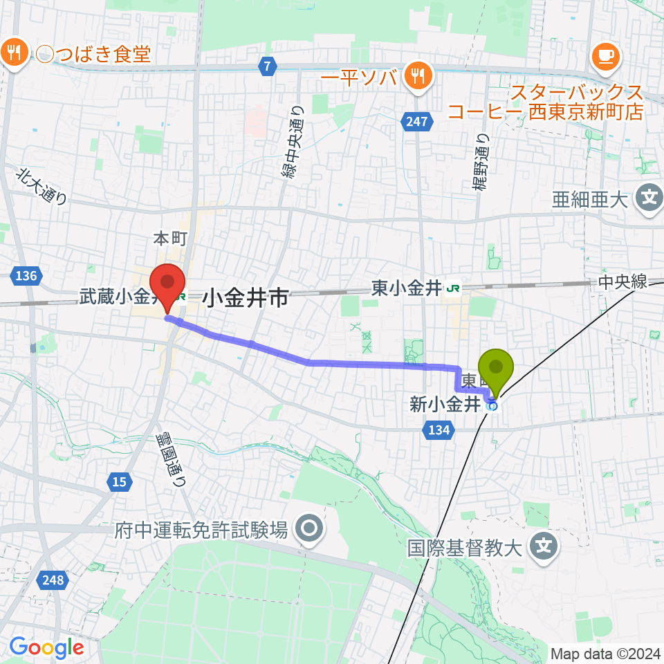 新小金井駅から小金井 宮地楽器ホールへのルートマップ地図