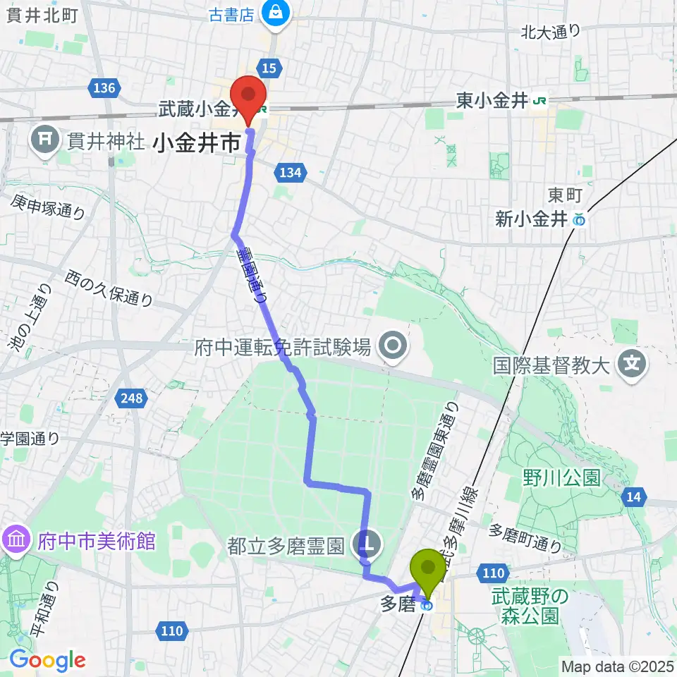 多磨駅から小金井 宮地楽器ホールへのルートマップ地図