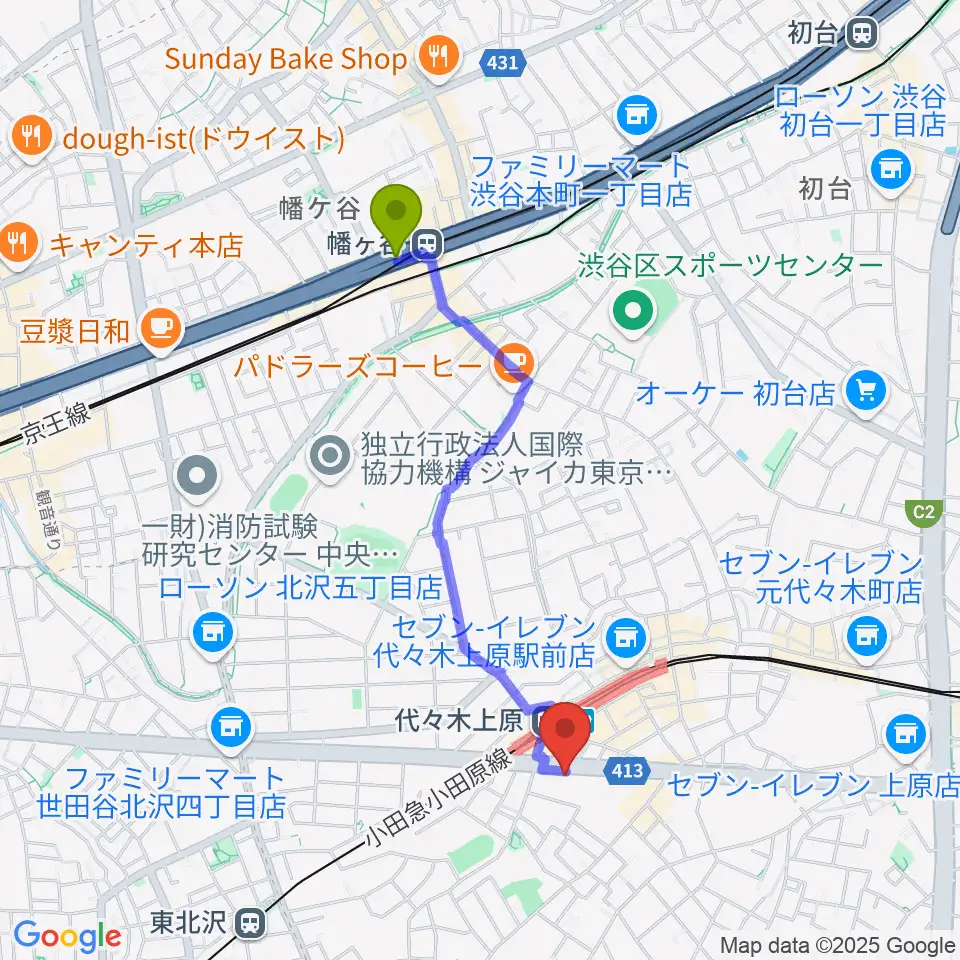 幡ヶ谷駅から古賀政男音楽博物館へのルートマップ地図