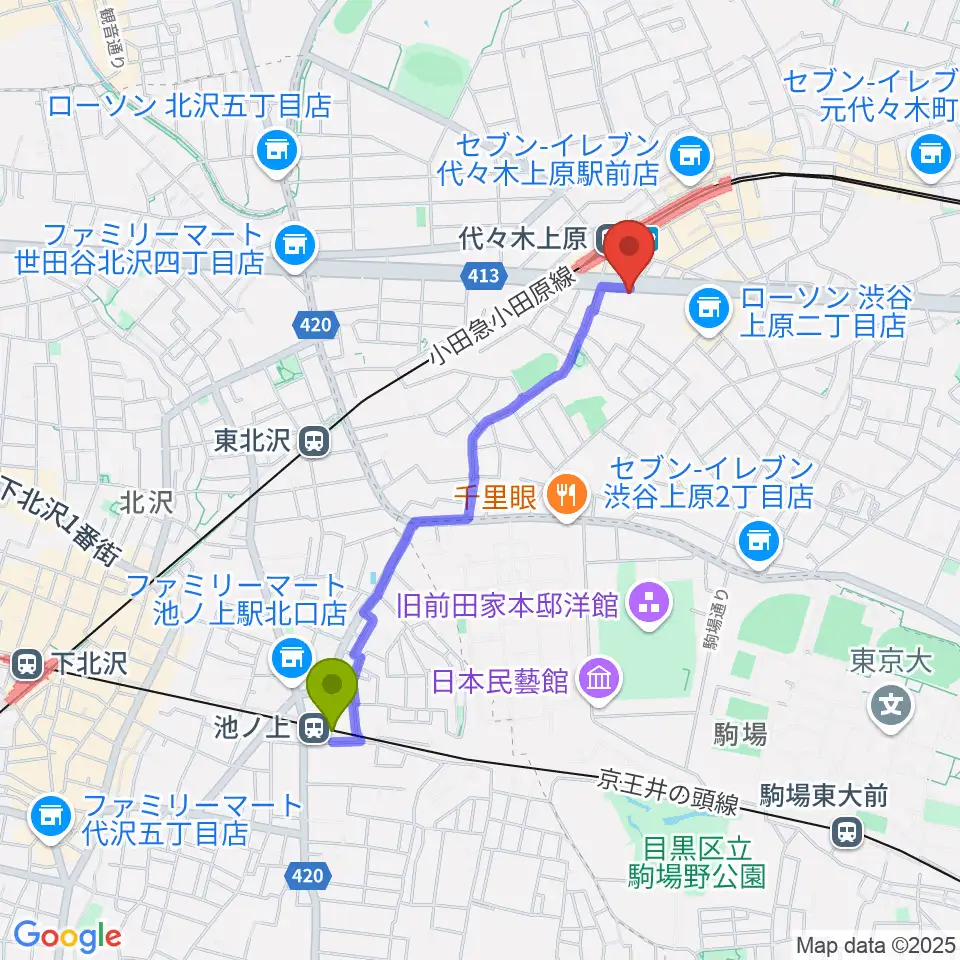 池ノ上駅から古賀政男音楽博物館へのルートマップ地図