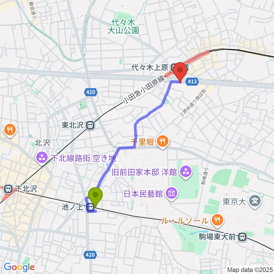 池ノ上駅から古賀政男音楽博物館へのルートマップ地図
