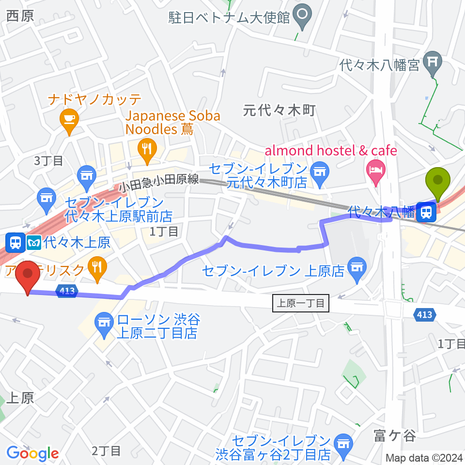 代々木八幡駅から古賀政男音楽博物館へのルートマップ地図
