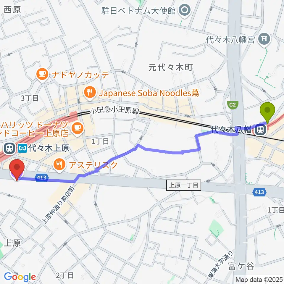 代々木八幡駅から古賀政男音楽博物館へのルートマップ地図