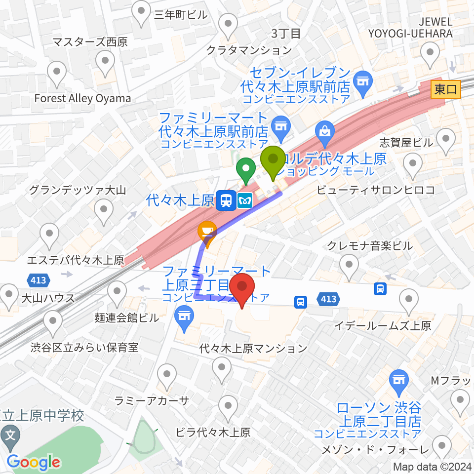 古賀政男音楽博物館の最寄駅代々木上原駅からの徒歩ルート（約2分）地図