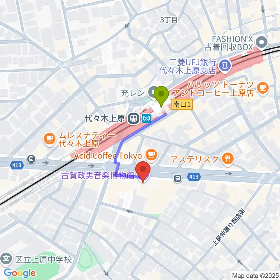 古賀政男音楽博物館の最寄駅代々木上原駅からの徒歩ルート（約2分）地図