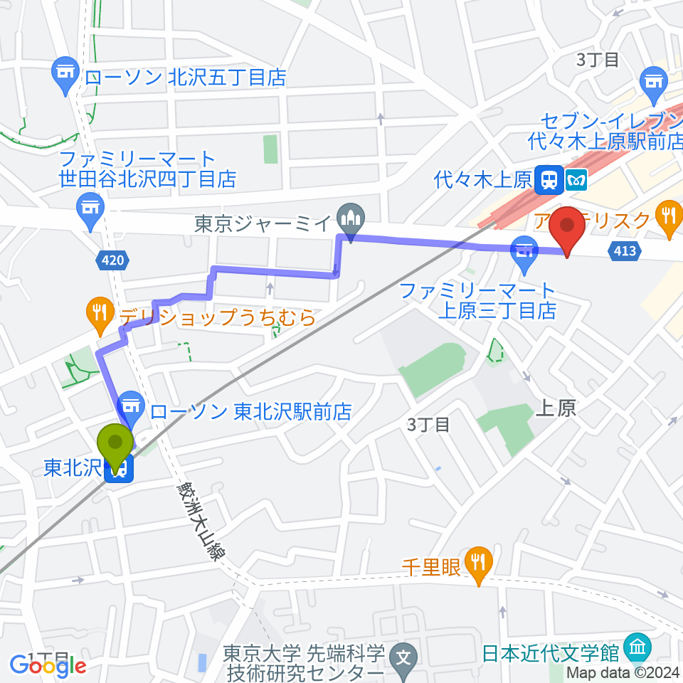 東北沢駅から古賀政男音楽博物館へのルートマップ地図