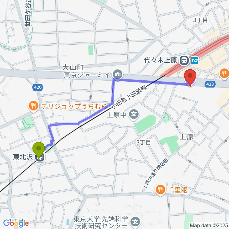 東北沢駅から古賀政男音楽博物館へのルートマップ地図