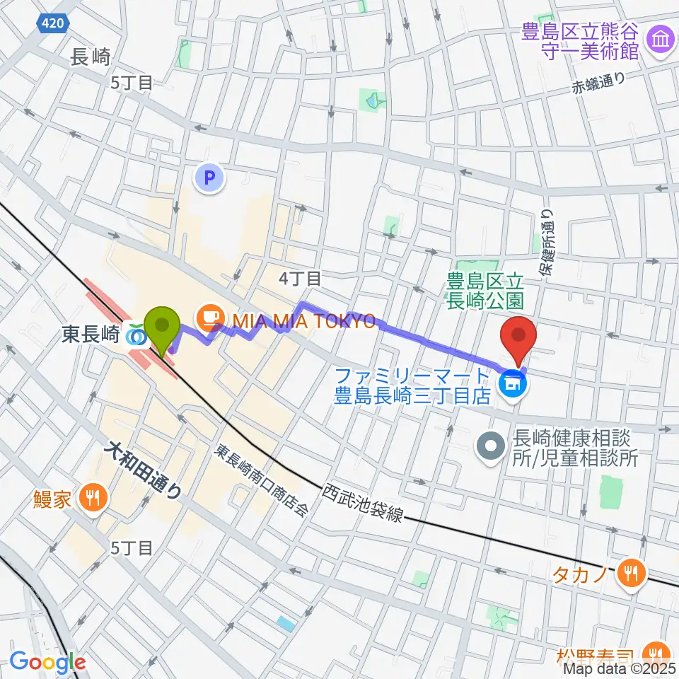 一音会ミュージックスクールの最寄駅東長崎駅からの徒歩ルート（約8分）地図