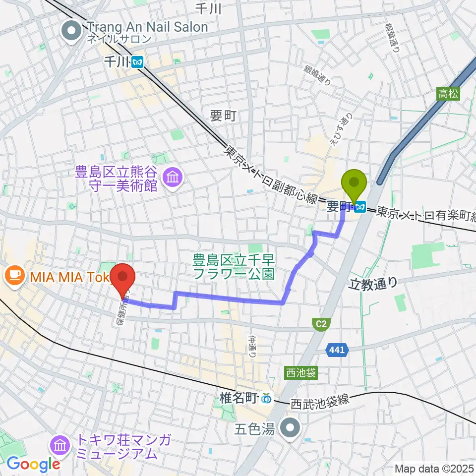 要町駅から一音会ミュージックスクールへのルートマップ地図